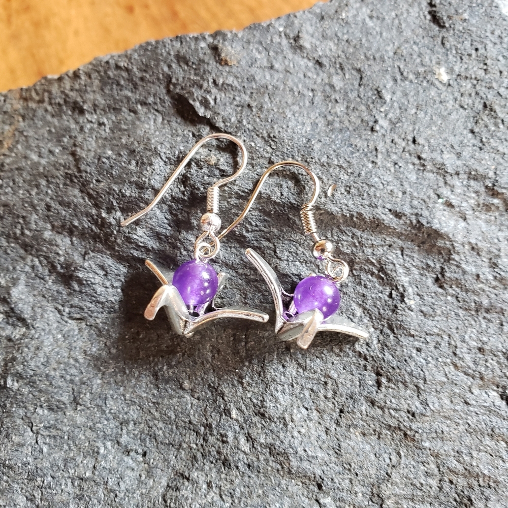Handmade Japanese Origami Crane Purple Stone Earrings